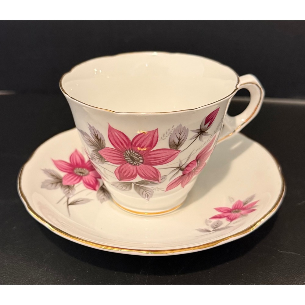 Royal Kent Staffordshire Teacup Saucer Pink Clematis Floral Gold Trim Bone China